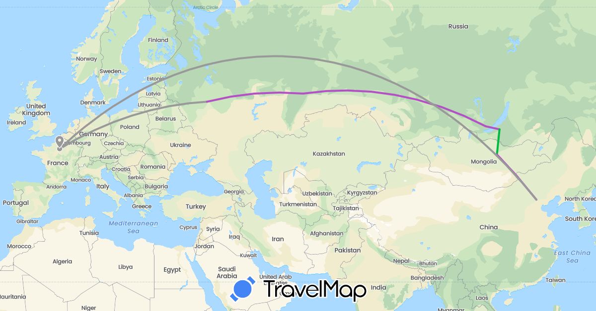 TravelMap itinerary: driving, bus, plane, train in China, France, Mongolia, Russia (Asia, Europe)
